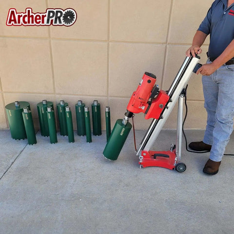 Man with Beast Aggressive Diamond Turbo Core Drill Bit With V Tip For Fast Dry Or Wet Concrete And Masonry Drilling In Core Drill Stand Rigs Two And A Quarter Inch Core Size Thin Wall Core Laser Welded Segments Medium Bond Archer PRO
