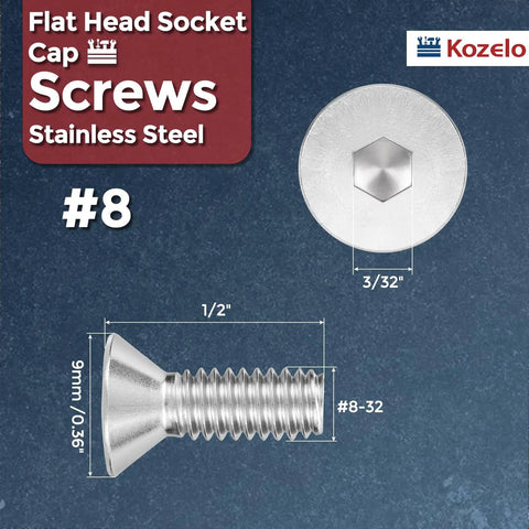 Flat Head Socket Cap Screws Set 25 Pieces Size 8-32 Half Inch Long Heavy Duty 18-8 Stainless Steel Countersunk Bolts in Silver