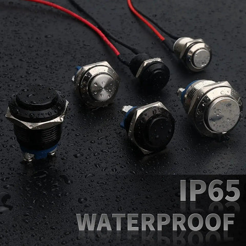 6 pre-wired 12mm Momentary Push Button Switch Waterproof IP65 Black Aluminum Alloy Shell shown on wet surface