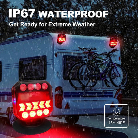 Close-up of NeaLia wireless trailer light, red magnetic LED tail light, IP67 waterproof.