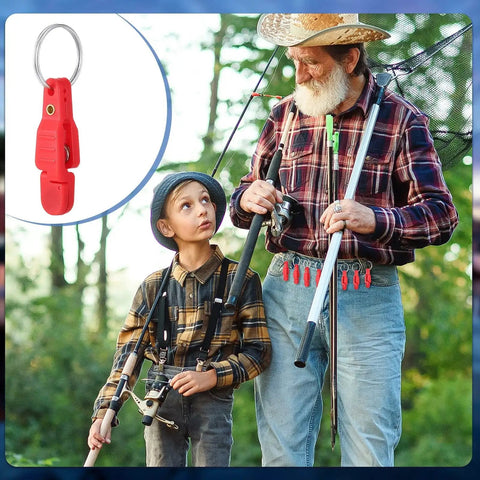 Grandfather and grandson fishing with Heavy Tension Snap Release Clips Padded Trolling Clips with Key Ring displayed inset.