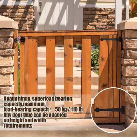 Wooden gate with Two Pack 15 Inch Heavy Duty T Shape Strap Hinges With Screws Black Wrought Iron Spade Tip installed on brick entrance