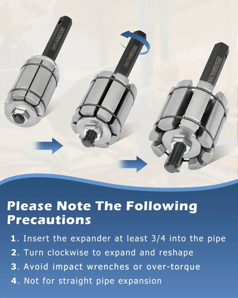 Exhaust Pipe Expander Tool Set 3 Pcs 1-1/8 To 3-1/2 Universal Tail Pipe Spreader with usage instructions