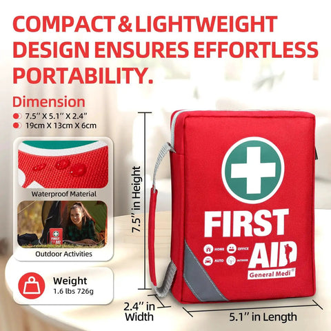 Compact 175 Piece First Aid Kit With Reflective Bag Design, dimensions 7.5 x 5.1 x 2.4 inches, red with General Medi logo