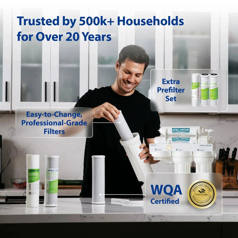 Man installing Essence Series 75 GPD 6 Stage Alkaline Mineral PH Plus Reverse Osmosis Drinking Water Filter System by APEC Water Systems