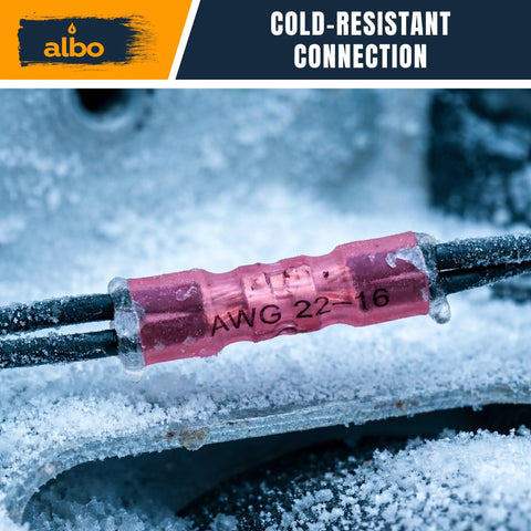 ALBO pink insulated heat-shrink butt connector for AWG 22–16 copper wire, two-wire splice on snowy wiring