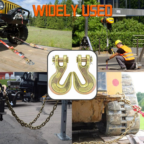 Collage showing Ten Pack Heavy Duty Chain Hooks Forged Grade 70 Grab Hooks Three Eighths Inch used in various rigging and towing applications.