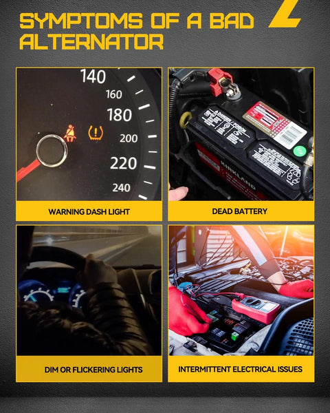 Symptoms of a bad alternator: warning dash light, dead battery, dim lights, electrical issues in car with battery.