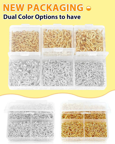 600 Pcs Small Eye Pins For Jewelry Making And DIY Crafts Gold And Silver 3 Sizes in clear multi-compartment box