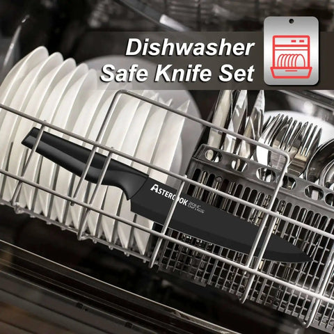 No Fuss All In One 21 Piece Kitchen Knife Set With Block And Built In Sharpener in dishwasher, German stainless steel blades, black handle