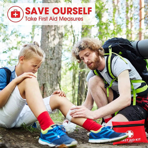 Man using Compact 147 Piece First Aid Kit With Rotatable Buckle For Cars Travel Camping Hiking And More Waterproof Case on boy