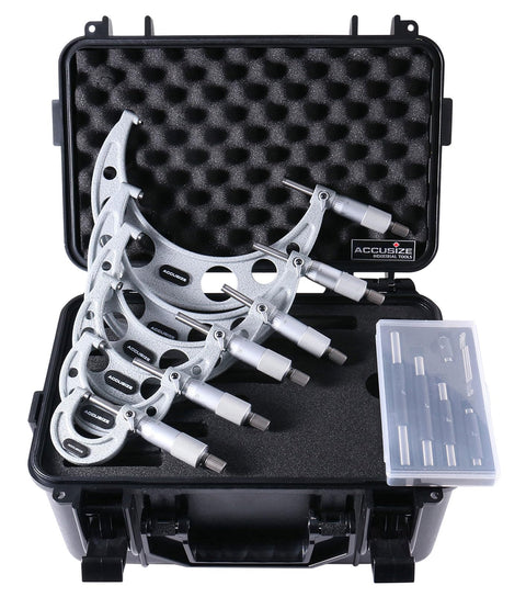 Ultra Precision Six Piece Outside Micrometer Set With Dial Bore Gauge Kit 0 To 6 Inch Range in protective case.