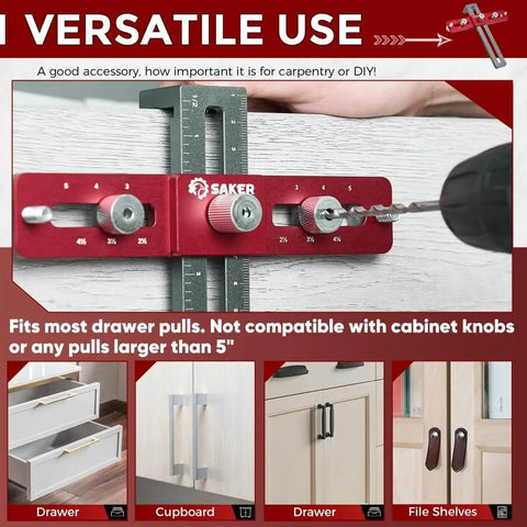 Doweling Jig For Cabinet Hardware And Knob Or Pull Templates Pro Grade Self Centering Punch Locator Precise Woodworking Drill Guide Aluminum Alloy Construction Anti Rust Easy DIY Cabinet Setup in use with a drill on a wood cabinet
