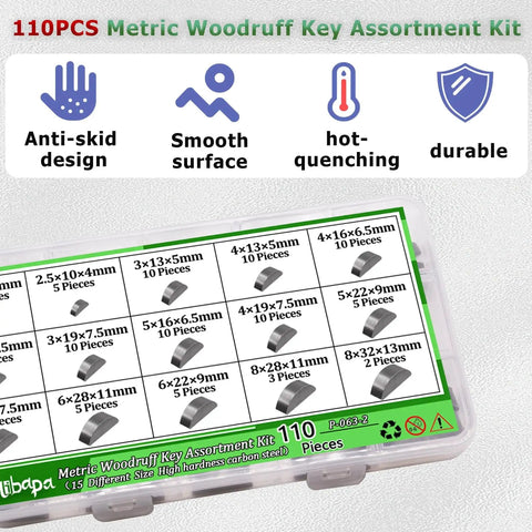 Image of a Metric Woodruff Key Set Assortment Kit with 15 sizes in high hard carbon steel, shown in labeled storage case.