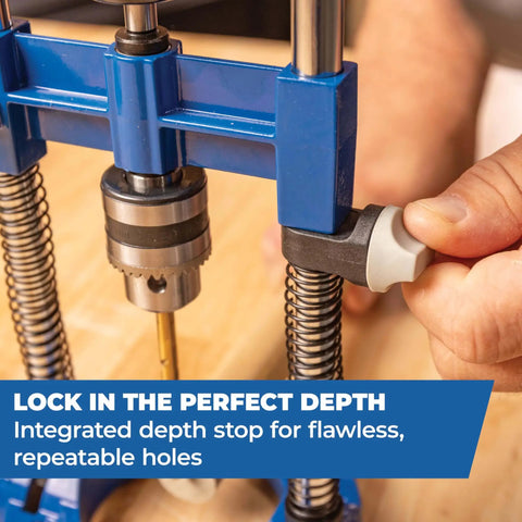 Person adjusting depth stop on Portable Drill Guide Pro For Precise Angle Drilling A Self Centering Jig With Built In Dust Collection Adapter KDG6500