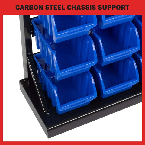 47 Bin Garage Organizer Rack With 15 Large And 32 Small Bins, Tabletop Or Wall Mount Steel Storage showing blue stackable bins