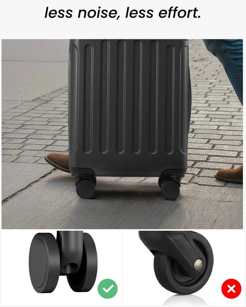 Close-up of luggage spinner wheels illustrating smooth movement, part of Five Piece Hardside Luggage Set With Spinner Wheels TSA Approved.