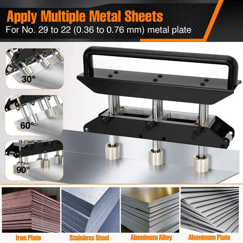 Pro Grade Three Station Edge Roller Bender in use for bending metal sheets from 30 to 90 degrees, fits 29 to 22 gauge steel.