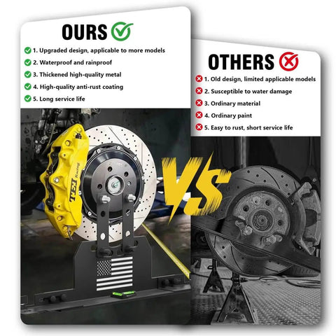 Comparison of upgraded brake caliper design vs. old model, highlighting features of the DIY Wheel Alignment Tool Kit With 2 Toe Alignment Plates.
