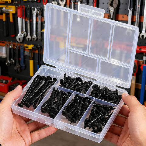 105 Piece Wood Screws Set With Black Oxide Finish And Phillips Drive, Six Sizes For Woodwork And Diy Projects in storage box