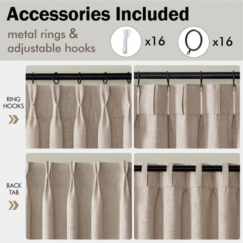 Pinch Pleated Thick Linen Curtains For Living Room And Bedroom 84 Inches Long Two Panels Taupe Rustic Farmhouse Track System Drapes With Linen Texture Memory Pleat Hooks And Rings Included shown with hooks and rings.