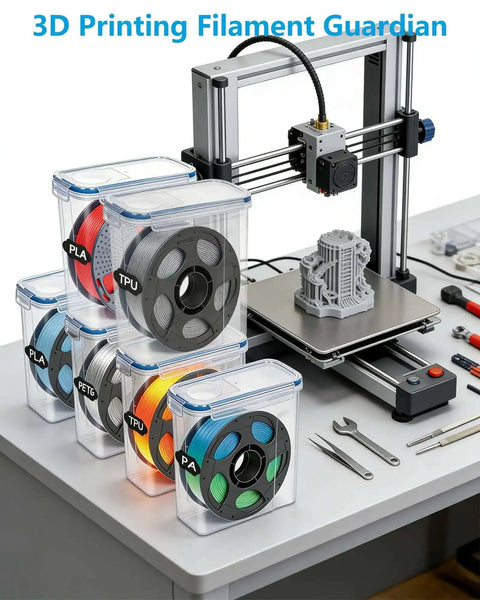 Six Pack 1.75mm Filament Storage Boxes with Desiccants in transparent blue, shown next to a 3D printer on a workshop table.