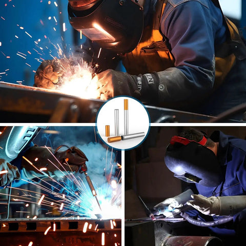 Welders using equipment; center shows 14 Inch Aluminum Welding Rod Storage Tube Airproof And Waterproof Canister For Tungsten Electrodes With Durable Orange Finish, Tight Seal Cap, Portable Welding Rod Container Keeps Electrodes Dry, Organized, And Ready To Roll Ybenlld.