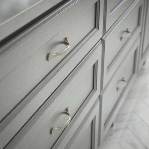 10 Pack Satin Nickel Cabinet Handles With 3 Inch Center To Center Holes Half Round Spoon Foot Casual Drawer Pulls installed on cabinets