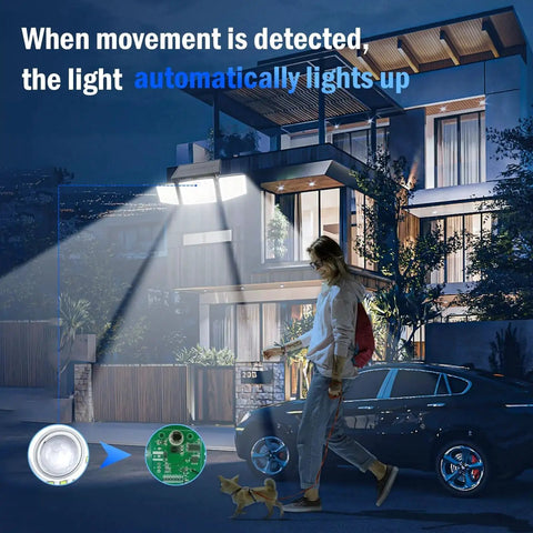 Solar 3 Head Motion Sensor Lights 270 Wide Area IP65 Outdoor Security 3 Modes illuminating driveway at night