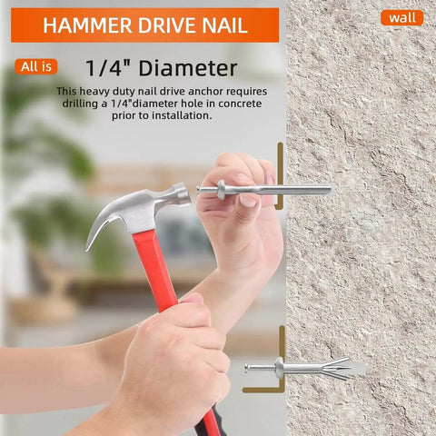 Person using hammer to install 1/4 inch diameter zinc alloy hammer drive nail in anchors for cement concrete on wall