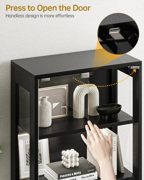 Hand pressing open the 65 Inch Glass Display Cabinet with RGB LED Lights and Glass Doors, 4 Tier Curio Storage Cabinet, Black Finish