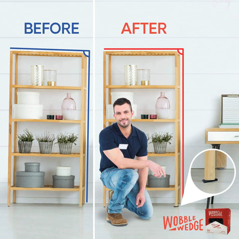 Before and after of shelf stabilized with Wobble Wedges Flexible Plastic Shims 30 Pack for Home Improvement and DIY Projects Black Leveling Spacers for Tables Furniture Toilets Beds and More Made in USA.