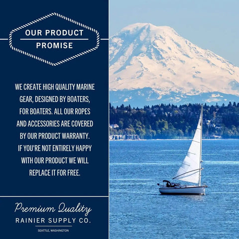Sailboat on water with mountain backdrop; product promise from Rainier Supply Co, noted for quality marine gear and ropes.