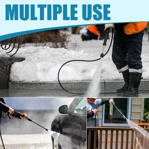 Person using Stainless Steel One Quarter Inch Quick Connect Pressure Washer Fittings Adapter From One Quarter Inch Socket To One Quarter Inch Male NPT 5000 PSI Durable Pro Grade Coupler For Easy Connects And Quick Setup for cleaning various surfaces, including snow, car, and deck.