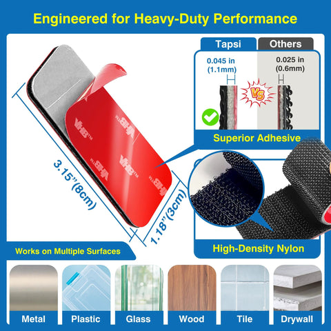 8-pack heavy-duty adhesive hook-and-loop strips by Amazon, 1.2 x 3.2 in, waterproof for mounting on metal, glass, tile, wood