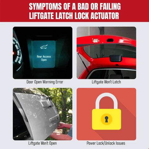 Symptoms of a bad liftgate latch lock actuator with door open warning, latch issues, unlock problems; product focus keyword included.