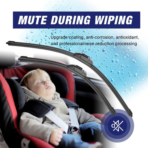 All Weather Pro 26 Inch And 16 Inch Wiper Blades Set For Hyundai Tucson Elantra Kona Corolla RAV4 Honda Accord CRV Models With OEM Hook Fitment Fits Toyota Corolla RAV4 And More Models in a car showing a child sleeping.