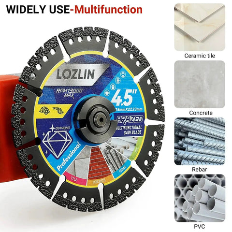 Side view of 4.5 inch diamond multi-purpose saw blade for angle grinder, showing labeled cutting materials and 0.87 inch arbor.