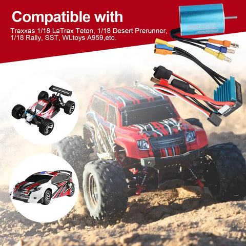 Beefy Sensorless 4800KV Brushless Motor and 25A ESC Combo for 1/18 and 1/16 RC cars with red and black truck model