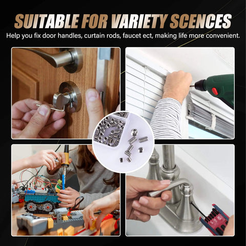 1150 Piece Stainless Steel Set Screws Assortment Kit With 26 Metric And SAE Sizes Allen Head Socket Grub Screws for Bathroom Fixtures and Towel Bars M3 To M8 And 1/8 To 5/16 Inch Heavy Duty And Rust Resistant Fasteners shown used for various repairs including door handles, blinds, toy assembly, and plumbing.