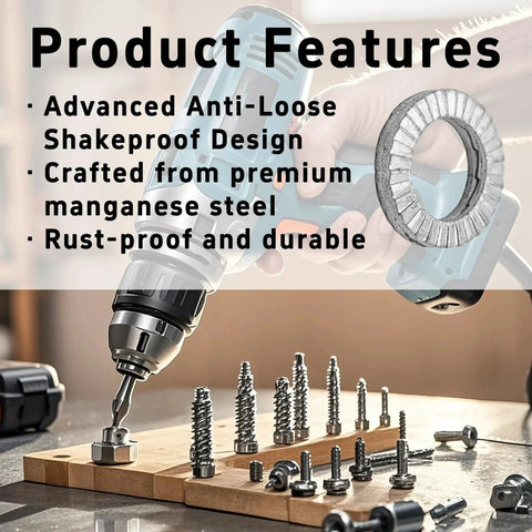 Close-up of M8 wedge lock washers set, 50 pcs, manganese steel, anti-loose vibration-proof for bolts