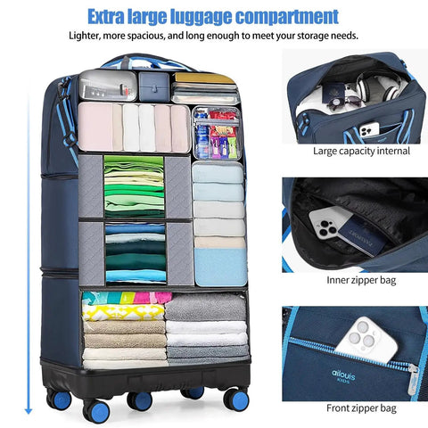 Detachable Wheel Rolling Duffle Bag With Expandable Capacity For Travel Road Trip Ready Large Carry On Luggage compartments open