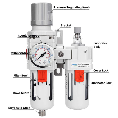 Nanpu 3/8 in NPT air filter regulator lubricator combo, two-unit FRL with poly bowls, gauge, and semi-auto drain