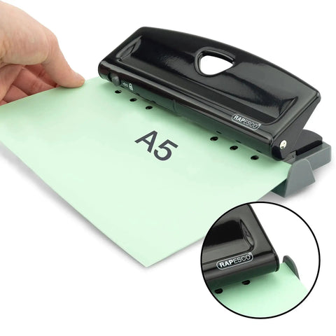 Adjustable 6-Hole Punch With Lock-Down Handle, demonstrating use with A5 paper, all-metal body, black, works with Filofax mini binders