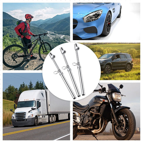 Three silver dual-head tire pressure gauges centered in a vehicle collage (bike, car, truck, SUV, motorcycle).
