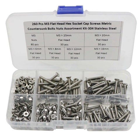 260 Piece M3 Hex Socket Flat Head Countersunk Bolts And Nuts Kit Made From 304 Stainless Steel in plastic case