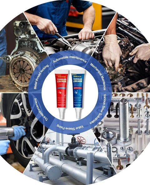 Blue And Red Thread Locker Set 6ml Each Two Pack With Medium And High Strength Seals For Nuts Bolts And Metal Fasteners To Stop Loose Screws And Corrosion Like A Pro in use with automotive and industrial equipment.