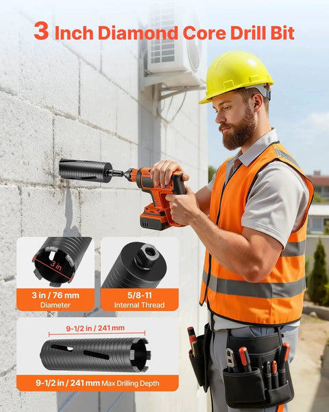 Heavy Duty Pro Grade Diamond Dry Core Drill Bit Set With 3 Inch Core Diameter 9-1/2 Inch Drilling Depth 5/8-11 Internal Thread Includes Three Adapters Pilot Drill And Hex Wrench For Concrete Red Bricks And Masonry in use by a construction worker on a wall.