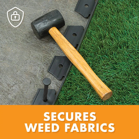 10 Inch Steel Landscape Anchoring Spikes 45 Pack For Edging And Pavers The Go To Heavy Duty Ground Stakes next to a hammer