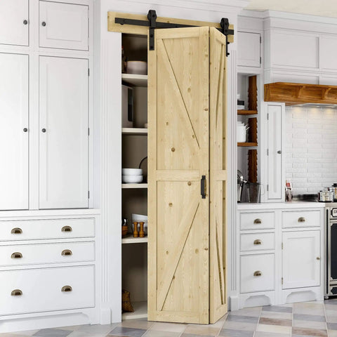 Space Saving 40 Inch By 84 Inch Unfinished Pine Bi Fold Barn Door With K Shape Bifold Design installed in a kitchen pantry